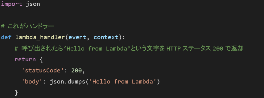 画面：Lambda関数のサンプルコード